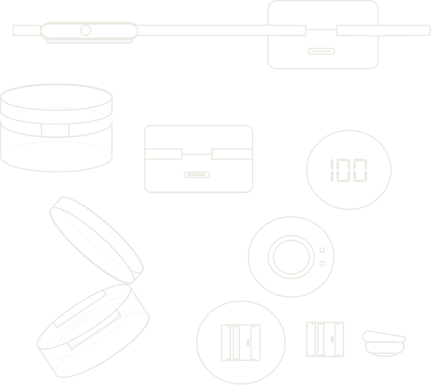 Line drawings of the separate charging case from several angles