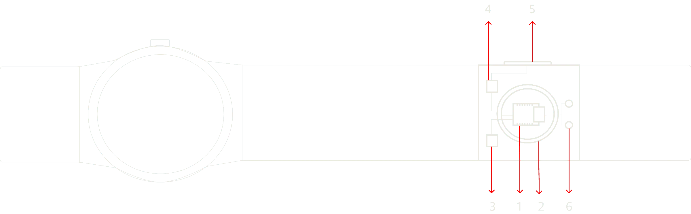 Watch with the module attached, components numbered 1 to 6
