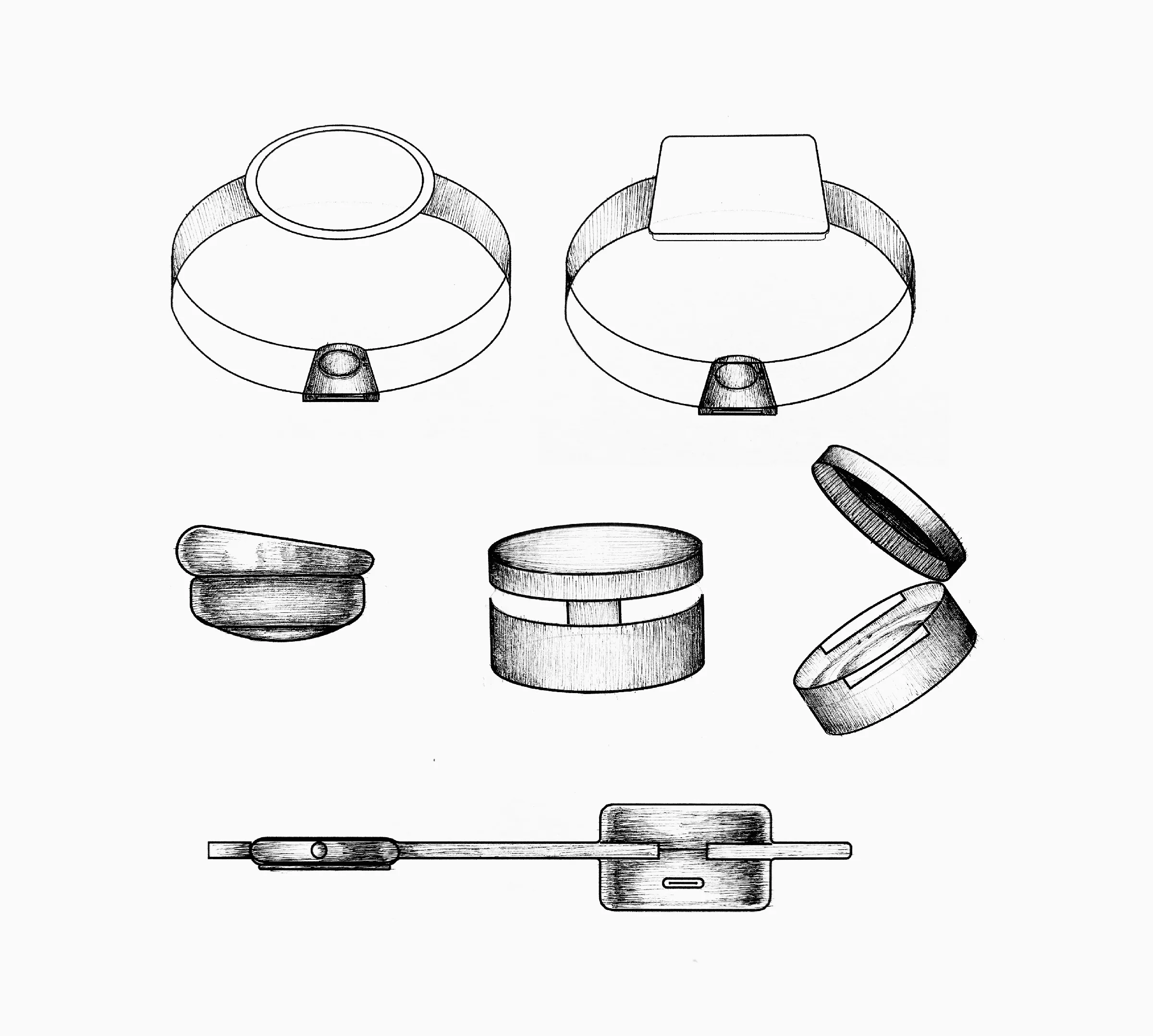 Sketches of the final wearable in round and square watch styles