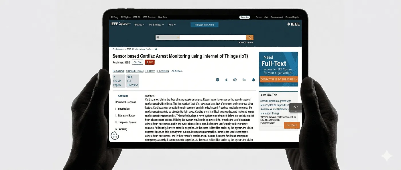 Tablet showing the published IEEE paper on IoT cardiac arrest monitoring