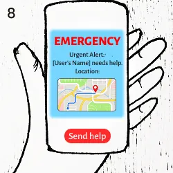 8. The phone shows an emergency screen with location and a Send help button