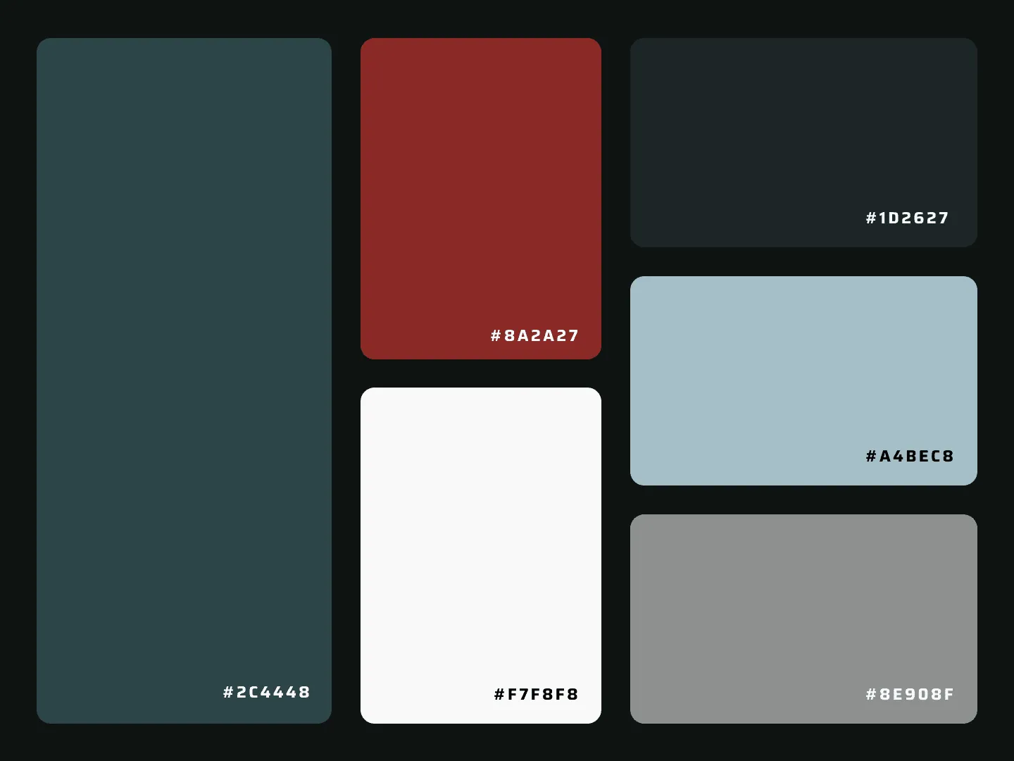 Color palette: primary teal, red 8A2A27, dark 1D2627, light blue A4BEC8 and neutrals